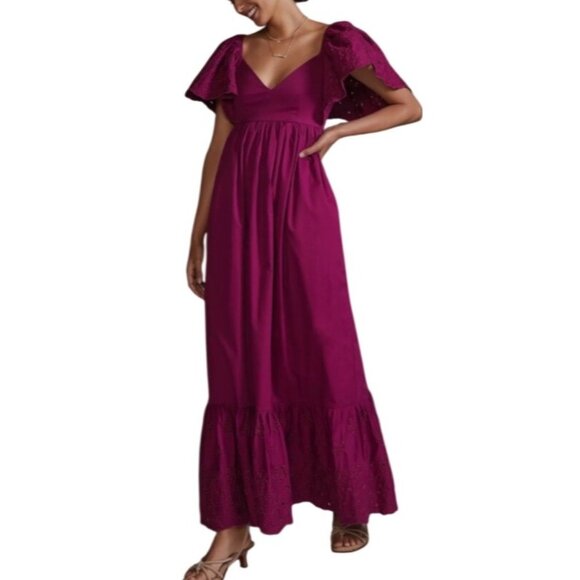 Anthropologie  En Saison Dresses & Skirts - Anthropologie En Saison Eyelet Maxi Dress XS Puff Sleeve Cross Back Boho Ruffle